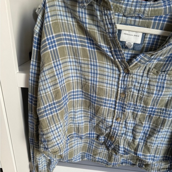 American Eagle blue green plaid flannel cropped long sleeve shirt top western - Picture 2 of 6